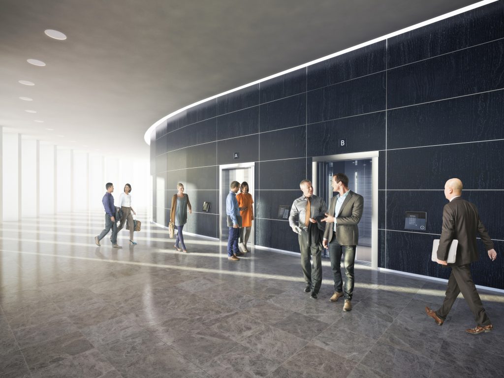 Bereits mit der Zutrittsbuchung wird der nächste freiwerdende Aufzug gerufen. (Bild: Kone GmbH)