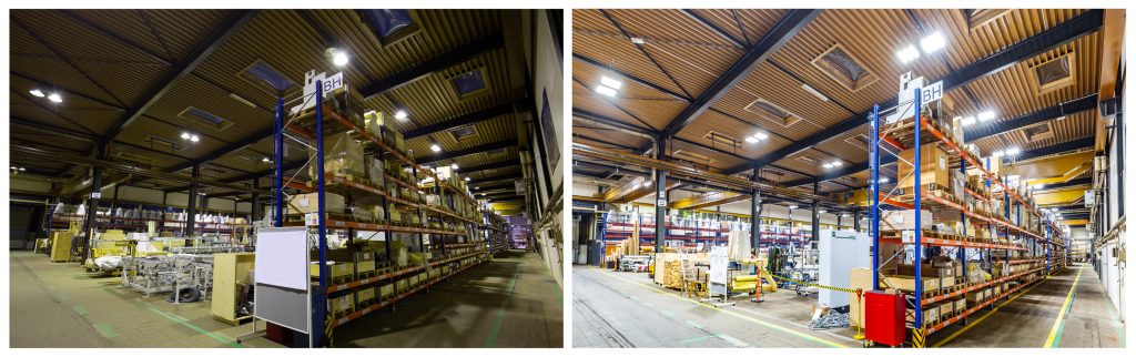 Die Produktionshalle vor und nach der Beleuchtungssanierung durch die Deutsche Lichtmiete Logo der Deutschen Lichtmiete (Bild: Deutsche Lichtmiete / Mario Dirks)