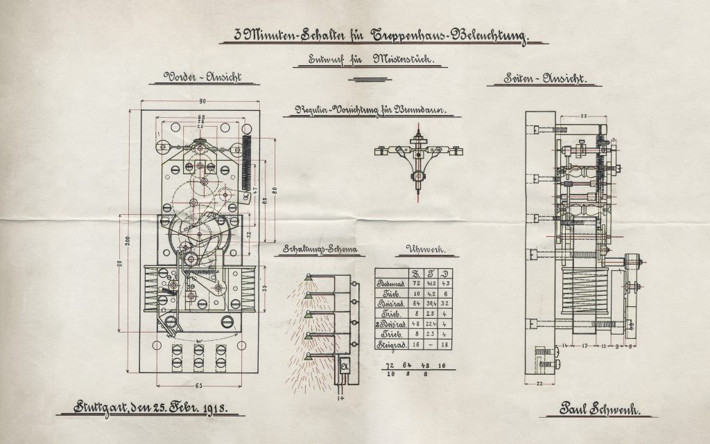 1918: Mit einer Schaltuhr für Treppenhäuser liefert Paul Schwenk 1918 sein Meisterstück ab. (Bild: Theben AG)
